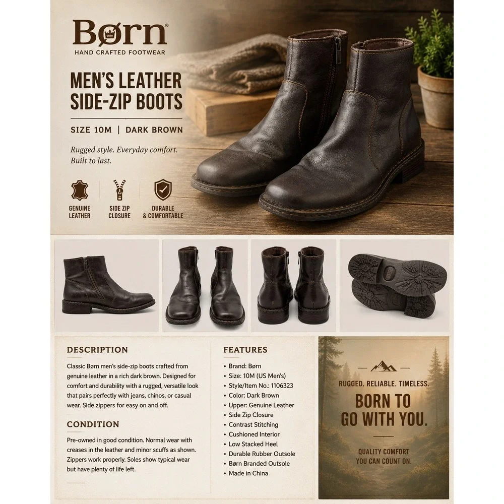 Børn Men's Brown Leather Side-Zip Ankle Boots Size 10M – Rugged Casual Comfort